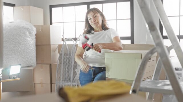 Woman holds packing tape to chin beside stacked cardboard boxes and bubble wrap near ladder in building; quiet contemplation.