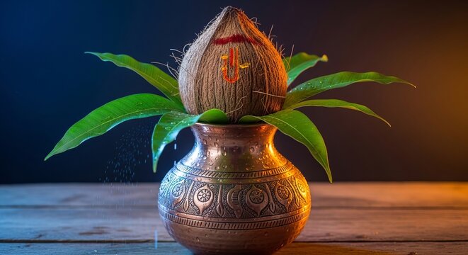Nirjala Ekadashi, A beautifully decorated copper Kalash with a coconut and mango leaves on top, positioned on a rustic wooden surface