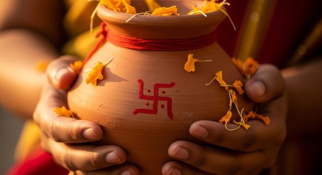 Nirjala Ekadashi, Close-up shot of a devotee's hands holding a traditional terracotta water pot (Kalash) decorated with a sacred red thread