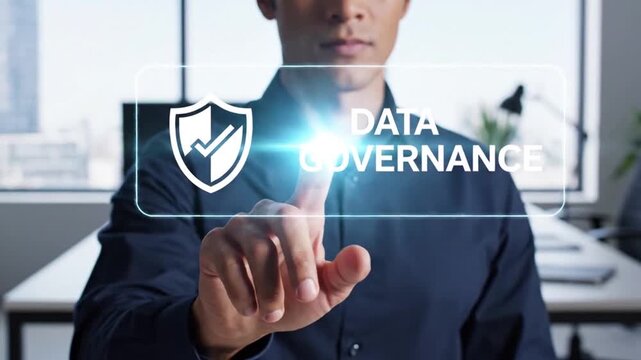 Man touching holographic data governance interface with shield icon and checkmark symbolizing security and control over information technology networks