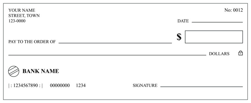 Blank bank check template isolated on white background. Minimal black and white cheque design for financial documents, accounting and banking mockups.
