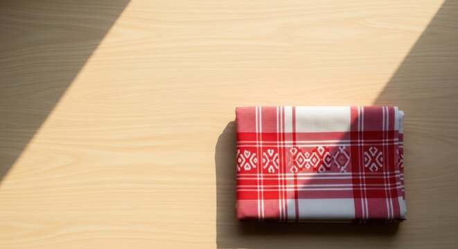 A folded red and white checkered textile rests on a light wooden surface