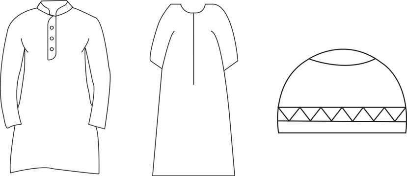 A minimalist line drawing of traditional clothing and a hat