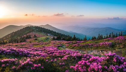 Fototapeta premium A serene mountain landscape with vibrant pink flowers at sunset in a natural setting