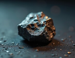 Fototapeta premium Rough dark metallic rock lump with shiny surface. Small water drops on dark blurred background. Close up abstract texture study. Raw mineral sample.