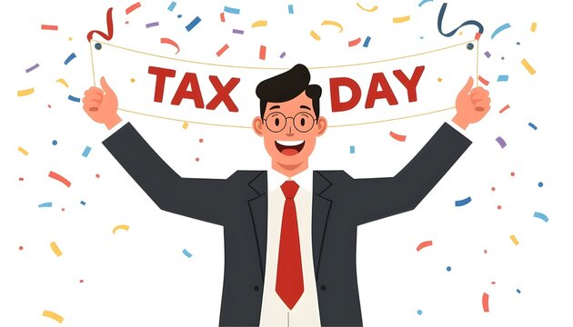 A cartoon man in a suit and tie celebrates Tax Day with a banner and confetti