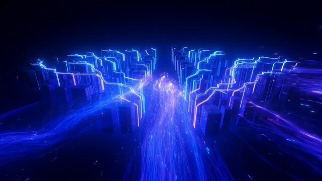 Dark digital terrain with bright blue/pink neon circuit pathways and energetic light trails