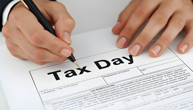 A person filling out a tax form on a white table with a pen in hand
