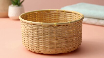 Obraz premium Woven rattan basket on pastel tabletop with folded towels and potted plant