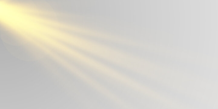 Golden sun rays falling diagonally from the corner on transparent background