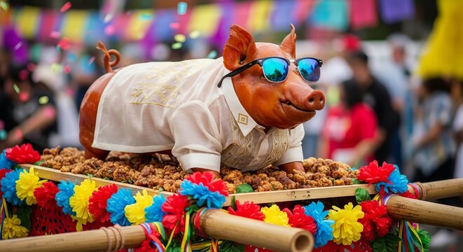 Parada ng Lechon, A whole roasted pig humorously dressed in a miniature traditional Filipino Barong Tagalog and sunglasses