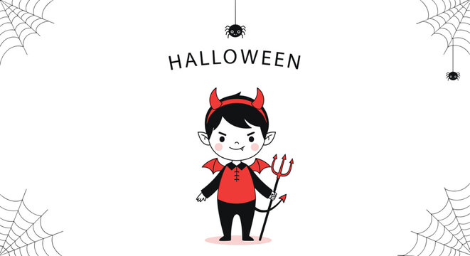 Cute little devil character in a red costume holding a pitchfork against a Halloween background with spider webs.