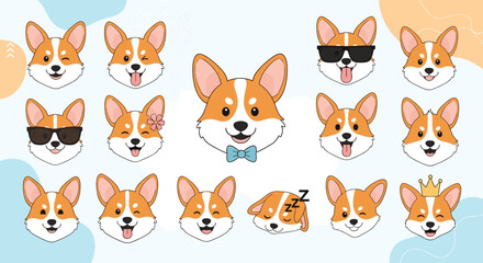 Obraz premium Diverse collection of corgi dog head icons featuring various facial expressions like winking, wearing sunglasses, sleeping, and happy.