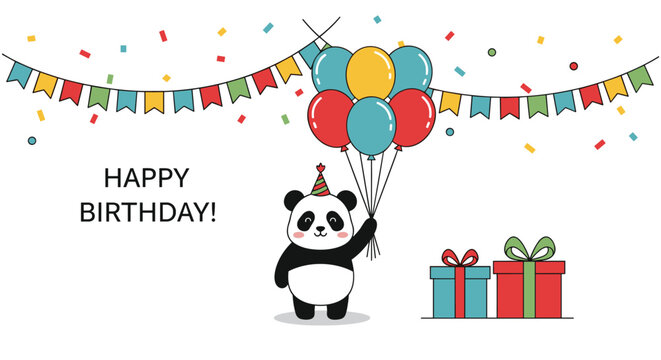 Cute panda bear wearing a party hat holding colorful balloons celebrating a happy birthday with gifts and confetti.