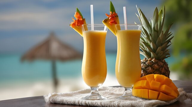 Delicious tropical cocktails served with fresh fruit, perfect for summer relaxation by the beach.