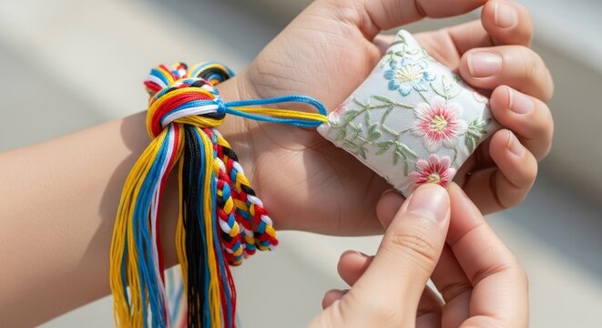 Peh Chun Festival, Close-up of a person's hands wearing colorful silk Five-Color Threads (Wu Cai Sheng) around the wrist