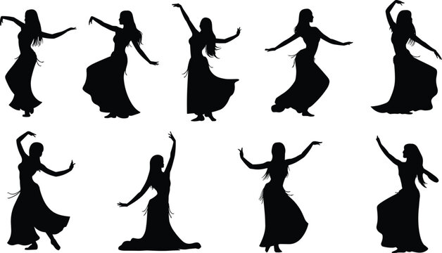 Silhouette collection of female dancers in flowing costumes performing expressive movements, showcasing grace, rhythm, and artistic dance poses isolated on light background