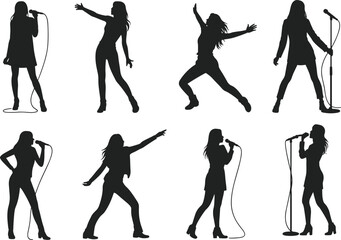 Naklejka premium Silhouette collection of female singers performing with microphones in dynamic poses, showcasing live music, stage energy, and entertainment isolated on light background