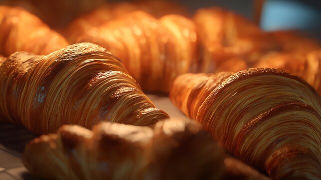Golden, flaky croissants fresh from the oven, showcasing a delightful golden-brown crust and airy layers, perfect for breakfast.