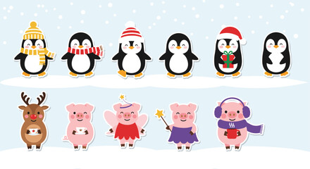 Fototapeta premium Collection of cute winter animal stickers featuring penguins in hats and scarves alongside festive pigs and reindeer for holiday decoration.