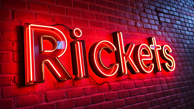 Rickets  - fluorescent Neon Sign on brickwall Front view