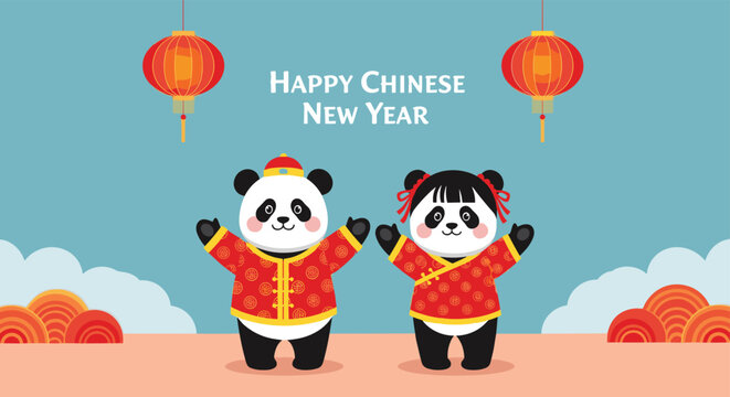 Panda characters wearing traditional red Chinese outfits celebrating Chinese New Year with festive lanterns on blue landscape background.