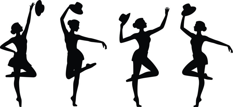 Silhouette of female dancers holding hats in elegant poses, showcasing rhythmic movement, grace, and stylish performance isolated on light background for design use