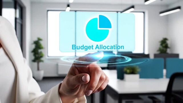 Fingers interaction with futuristic holographic screen displaying budget allocation pie chart in modern office space, dynamic motion graphics, data visualization concept