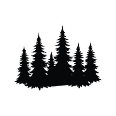 Obraz premium Silhouette of tall pine trees in a forest with detailed vector illustration, pine forest silhouette vector illustration