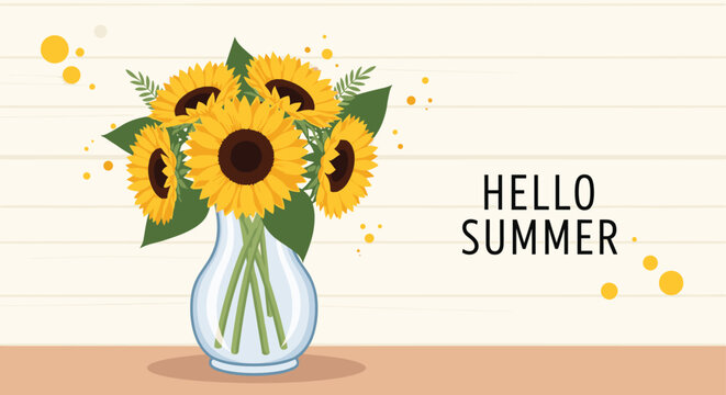 Beautiful bouquet of yellow sunflowers in a transparent glass vase with Hello Summer greeting on a background.