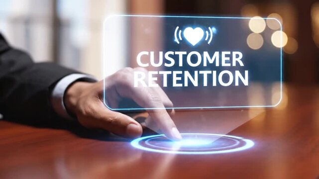 Businessman hand touching holographic display showing customer retention icon and glowing circle motion graphics interface on wooden table with bokeh lights background business strategy concept
