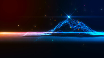 Abstract digital wireframe mountain with glowing blue light peak and bokeh particles on dark background. Conceptual technology visualization of big data, AI, and futuristic network grid.