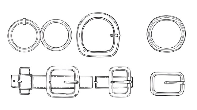 D ring and Belt buckle flat sketch vector illustration set, different types belt with Frame buckle, berg buckle and ring buckles accessories for belt, jewellery, dress fasteners and Clothing belt