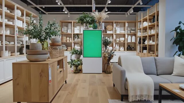 Modern furniture showroom with wooden shelves and cozy seating area.