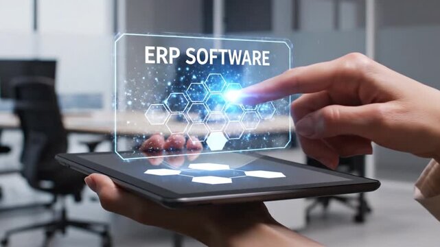 Person interacts with futuristic holographic ERP software interface on tablet displaying hexagons and data for business enterprise resource planning technology