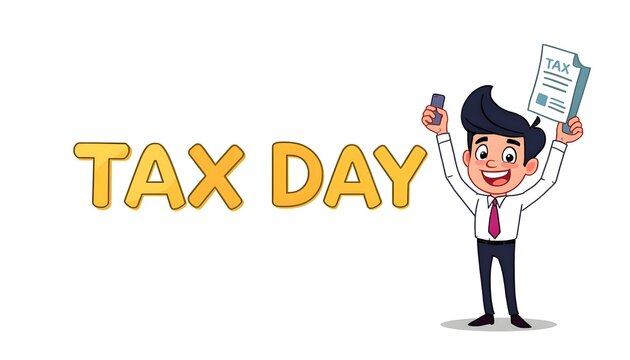 A cartoon man in a white shirt and pink tie holds up a tax document and phone on Tax Day