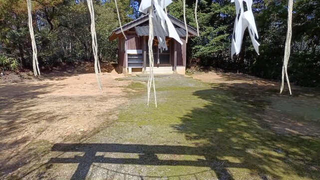 Shide Paper Streamers Leading to Traditional Japanese Shrine in Quiet Forest