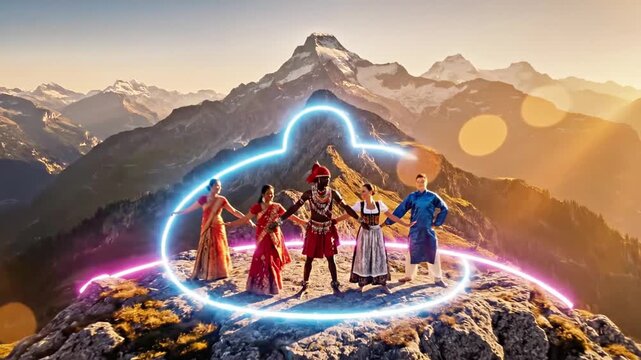 A group of people in traditional attire dancing on a mountain peak with majestic snow-capped mountains in the background at sunset