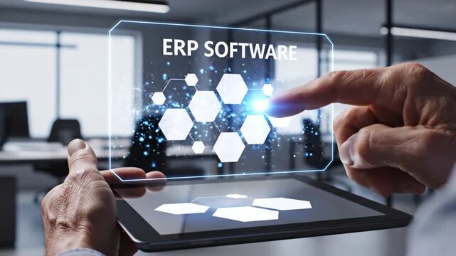 Person touches futuristic holographic screen displaying ERP software interface with glowing hexagons and particles, modern office background