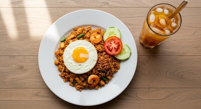 Traditional Indonesian nasi goreng served with iced sweet tea in a clean flat lay composition.