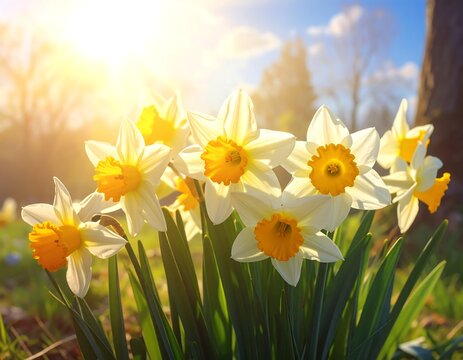 A sunny scene of white and yellow flowers in a natural setting