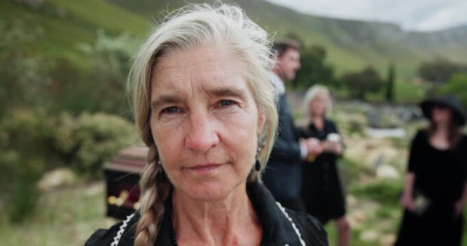 Face, widow and senior woman in funeral, mourning and grief for loss, death or ceremony for farewell. Christian, religion and old person with family for burial, sad and goodbye service for closure