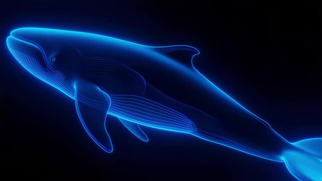 Glowing blue digital illustration of a whale in underwater environment.
