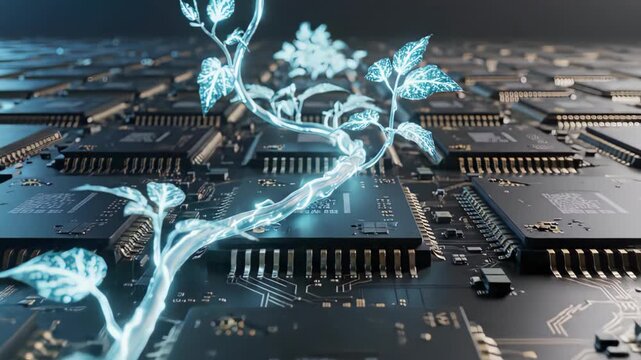 Abstract visualization of electric energy flowing through computer microchips.