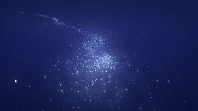 Dark blue field filled with sparkling particles, dense cluster, and a faint luminous trail