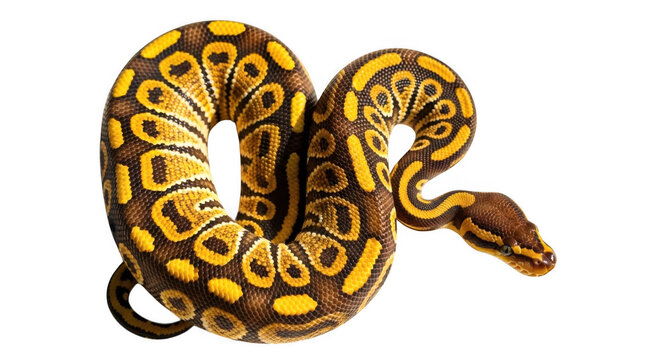 A coiled royal python with vibrant yellow and brown pattern isolated on transparent background