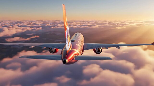 Commercial airplane flying above the clouds during sunset with vibrant sky colors.