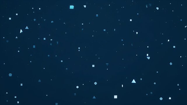 Dark blue background with diverse bright geometric shapes and tiny particles floating