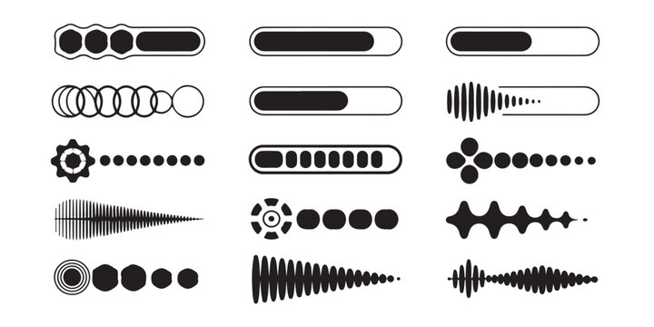Creative loading status bars with sound waves and organic geometric patterns for digital platforms