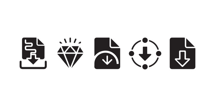 Download file icon set, install document sign, load button, save symbol, interface vector illustration